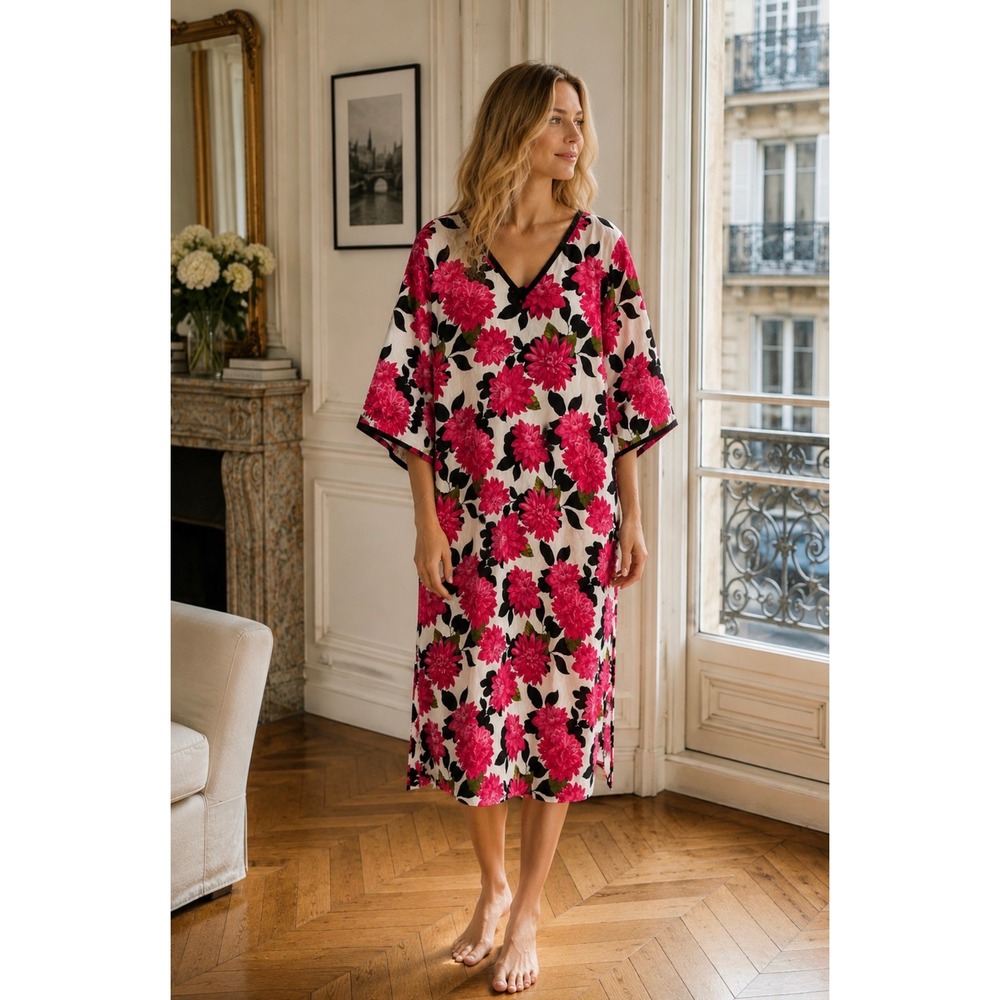 BedHead Pajama Dahila Floral Organic Cotton Caftan Lounge Dress Womens Sm Med